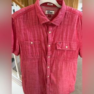 Tommy Hilfiger Slim Fit Short Sleeve Button Down Shirt Salmon Color Size Large